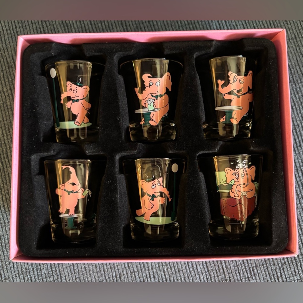 Accoutrements Set of 6 Vintage Pink Elephant Shot Glasses